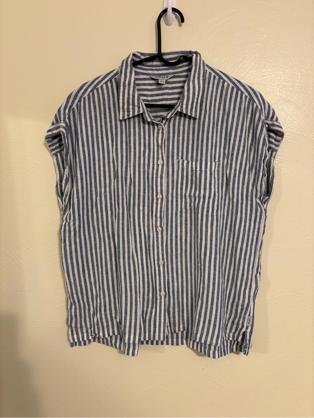 Orvis Classic Collection Women’s Large Linen Blend Blue White Striped Button